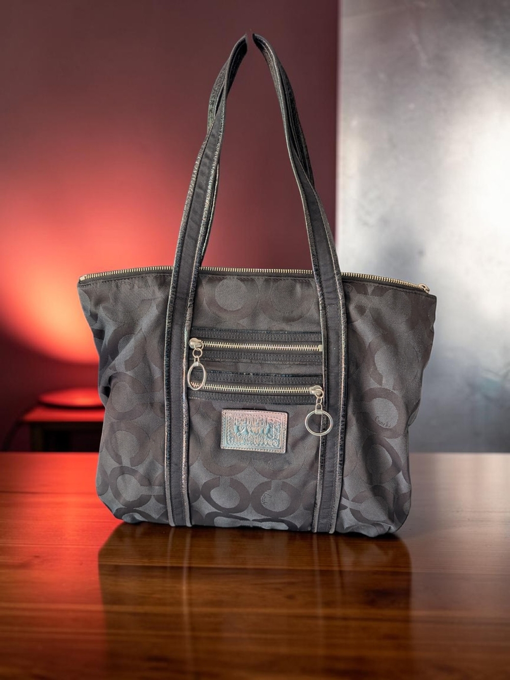 Coach Black Poppy Op Art Canvas Tote with Signature Jacquard Fabric